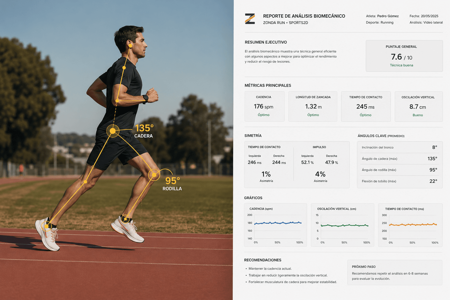 Análisis biomecánico de Zonda: runner corriendo con overlays mostrando ángulos de cadera y rodilla, junto al PDF de reporte con métricas de cadencia, simetría y ángulos clave.